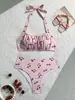 Nuevo traje de baño bikini de dos piezas estilo europeo y americano transfronterizo 2027 con estampado retro, con diseño push-up y tiras de atar, para mujer