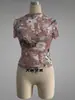 Verão Transfronteiriço Novo Estilo Manga Curta Floral Sexy Hot Girl Blusa de Chiffon Top Estampado Camiseta Feminina Europeia e Americana Vestuário Feminino de Comércio Exterior