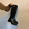 Botas largas rectas adelgazantes de tacón grueso con hebilla y punta cuadrada elegantes estilo coreano 2026 para mujer con cremallera lateral, adecuadas para ir al trabajo y montar a caballo