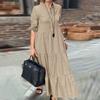 2024 Verão Europeu e Americano AliExpress Novo Roupa Feminina Cor Sólida Grande Balanço Casual Solta Gola Alta Algodão e Linho Vestido Longo