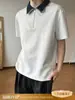 Camisa Polo Cinza com Meio Zíper Manga Curta Masculina Verão High Street Americana Gola de Contraste Camiseta Estilo Preppy Casal Manga Curta