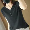 Nueva Colección Primavera y Verano Camiseta de Punto Manga Corta Cuello en V 100% Algodón Puro Estilo Coreano Color Sólido Jersey Top de Manga Corta Estilo Artístico para Mujer