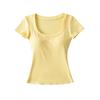 Camiseta de Verano Nueva para Mujer, Ajustada, Sexy, Expansión del Pecho, Hombro Derecho, Manga Corta, Camiseta Interior con Almohadilla en el Pecho y Corbata en U