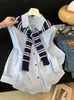 Xale listrado estilo coreano, camisa de manga longa para mulheres, nova camisa versátil de colarinho para o outono, top solto moderno