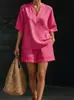 Traje Casual Europeo y Americano Verano Nuevo Cuello en V Manga Corta Pantalones Cortos de Cintura Elástica Color Sólido Simple Ropa para Mujer Transfronterizo Amazon