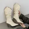 Botas de Equitação Retro Bico Fino Outono Inverno Novas Amassadas Empilhadas Versáteis Salto Alto Botas Longas Botas Meia Moda Botas Altas