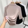 Camiseta Básica de Cuello Medio para Mujer, Delgada, Nuevo Look Adelgazante 2025, Hombro Derecho, Manga Media, Cintura Fruncida, Top Interior