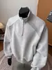 Sudadera con Costura de Hilo Gris Media Cremallera para Hombre Primavera y Otoño Corte Limpio Retro Americano Peso Pesado Cuello Alto Chaqueta Deportiva