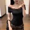 Una generación de puntadas de hilo de verano color liso clavícula temperamento sexy camiseta de manga corta mujer ajustada top de deseo puro