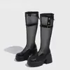Botas Altas de Malla con Suela Gruesa y Puntera Redonda Vintage para Mujer, Nuevo Estilo Versátil Verano 2026, Botas de Montura de Tubo Alto Huecas que Aumentan la Altura para Personas Bajitas