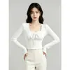 Atacado de Fábrica Outono Inverno Gola Quadrada com Renda Cropped Manga Longa Camiseta Feminina Manga Sino Recorte Emagrecedor Ajustado Top