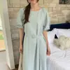 Toma Real de Burbujas de Sal Marina ~ Cuello Redondo Retro Mangas de Linterna Cintura Ajustable con Lazo Vestido Largo Nuevo Estilo para Mujer 3 Colores