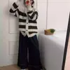 Cardigã de tricô listrado com blocos de cor, macio e aconchegante, estilo coreano, para mulheres, novo suéter casaco de manga longa solto para outono e inverno
