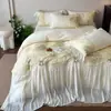 Conjunto de quatro peças estilo francês feminino 100% algodão de fibra longa, capa de edredom e roupa de cama estilo princesa 100% algodão com renda e detalhes de tulipa