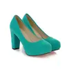 Sapatos femininos de salto alto com plataforma e bico redondo para primavera e outono, sapatos de salto grosso, disponíveis nos tamanhos 32-43, vermelho, verde, preto, azul