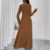 Estación Independiente Comercio Exterior Europeo y Americano Otoño e Invierno Vestido de Canalé de Color Sólido Vestido Largo Simple Elegante de Cuello en V de Botones para Mujer