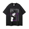 Em Estoque Marca da Moda Camiseta Lavada Desgastada Gola Redonda Padrão Anime Ombro Caído Caimento Solto Verão Casual Manga Longa Manga Curta