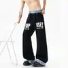 Calça jeans patchwork de cintura dupla estilo americano para mulheres e homens, design empilhado de alta rua para o verão, calça com bainha curva e estampa de letras, calça de perna reta