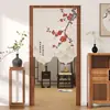 Nova Cortina de Porta Estilo Chinês Nacional com Pintura a Tinta Zen de Flores e Pássaros, Cortina de Pendurar Tela Divisória Semitransparente Decoração Cortina Curta para Porta