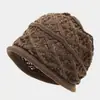 Chapéu de tricô vazado retrô artístico com bordas dobradas, design de malha respirável, gorro casual estilo japonês, chapéu slouchy feminino
