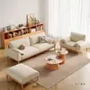 Novo Sofá Nórdico de Três Lugares em Madeira Maciça Estilo Japonês para Salas Pequenas, Simples Sofá de Tecido Veludo Japonês Estilo Creme