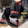 Pantalones Casuales de Estilo Americano Retro con Costuras a Cuadros y Forro de Felpa para Hombre 2024 Invierno Gruesos Cálidos Sueltos Pierna Recta Pierna Ancha
