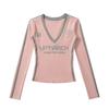 Otoño 2024 Camiseta de manga larga con cuello en V y hombros descubiertos de las Spice Girls para mujer, estilo deportivo americano, estampado a contraste, corte ajustado