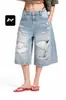 Shorts de mezclilla desgastados estilo vintage de largo 7/8, unisex, lavado americano, corte holgado, pierna recta, modernos