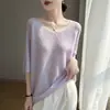 Suéter de Tricô Relaxado com Decote V para Mulheres na Cor Roxo Taro, Camada de Base Fina de Manga Média, Camiseta Casual Solta de Meia Manga