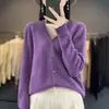 Cárdigan de punto sin costuras de una pieza para otoño e invierno, cuello en V, 100% lana tejida, color liso, chaqueta superior de estilo coreano simple para mujer