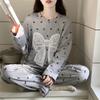 Pijama Feminino de Primavera e Outono Gola Redonda Pulôver Pode Ser Usado Fora de Casa Roupa Conjunto Outono e Inverno Cinza Solto Desenho Animado Estilo Casual