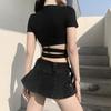 Camiseta sexy de manga corta para mujer, estilo europeo y americano, con estampado de letras de verano y cuello en V irregular.