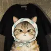 Camiseta de Manga Corta Retro Japonesa de Algodón Puro para Verano para Hombres y Mujeres 2026 Nuevo Estampado de Gato Ropa de Pareja para Estudiantes de Secundaria