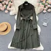 Vestido para Mulheres no Outono, com Cintura de Amarração, Emagrecedor e Elegante, Vestido Camisa Irregular de Manga Longa, Vestido de Outono e Inverno