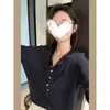 Camiseta Casual de Manga Larga de Color Sólido con Cuello Semiabierto, Blusa Top Delgada MosesQueen/Moxi Queen