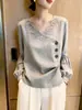 Top de encaje francés para mujer, nueva colección otoño 2026, diseño abotonado, efecto adelgazante, moderno y versátil, camisa gris única