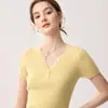 Simples e elegante~Suéter feminino de gola V de manga curta 100% caxemira pura botões malha canelada macia slim fit