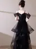Vestido Negro de Malla con Lentejuelas Estilo Socialité Francesa Hermana Real Verano Diseño de Nicho Vestido de Banquete Falda Larga