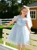 [Seleção Premium] Vestido Princesa Azul Lantejoula para Meninas Ombro a Ombro Vestido de Tule Brilhante Vestido de Performance Infantil Roupa Infantil Atacado
