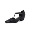 Sandalias Huecas de Tacón Grueso Cuadrado con Tira en T de Piel de Vaca de Primera Capa 2026 Verano Nuevos Zapatos Mary Jane Retro de Nicho