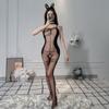 Lencería sexy transparente para mujer, mono con medias de jacquard con lazo y malla sexy, abertura en el extremo, tentación coqueta