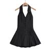 Vestido Corto de Estilo Americano para Chica Picante con Cuello Halter en V, Vestido Lencero Sexy sin Mangas con Espalda Descubierta, Vestido Corto de Línea A de Cintura Baja con Cintura Ceñida