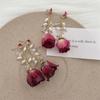 Aretes de flor eterna rosa natural con cuentas, aretes de flor con borla de cristal, temperamento super hada, aretes de nicho únicos