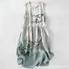 Vestido Casual de Algodón Puro con Estampado Digital Nuevo Transfronterizo, Cuello Redondo, Sin Mangas, Largo Medio, para Mujer, Verano en la Playa