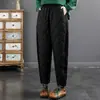 Pantalones de pana acolchados de algodón con patchwork de invierno para mujer, cintura elástica, estampado de rombos, pantalones harén engrosados, pantalones cálidos