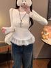 Camiseta de manga larga fina con dobladillo de encaje blanco coreano para mujer, Otoño e Invierno, con lazo, en capas, moderna