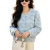 Cardigan de Pelúcia Branco Elegante com Bordado de Pedrarias e Strass Pesado para Mulheres, Tricô de Gola Redonda, Novo Estilo Inverno 2026
