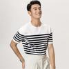 Camiseta Tricotada Masculina Gola Redonda Manga Curta Listrada Casual Business Seda de Amora Top Masculino Verão [Camisa Alma do Mar]