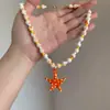 [Mar Laranja] Colar de Contas Estrela do Mar Laranja Estilo Resort à Beira-Mar Corrente de Clavícula Bohemia Realçadora Branca para Mulheres