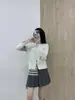 Cardigan Curto de Lã 100% Tricotado Outono Inverno TB Jaqueta Casual Feminina Cardigan de Lã Gola Redonda Quatro Listras